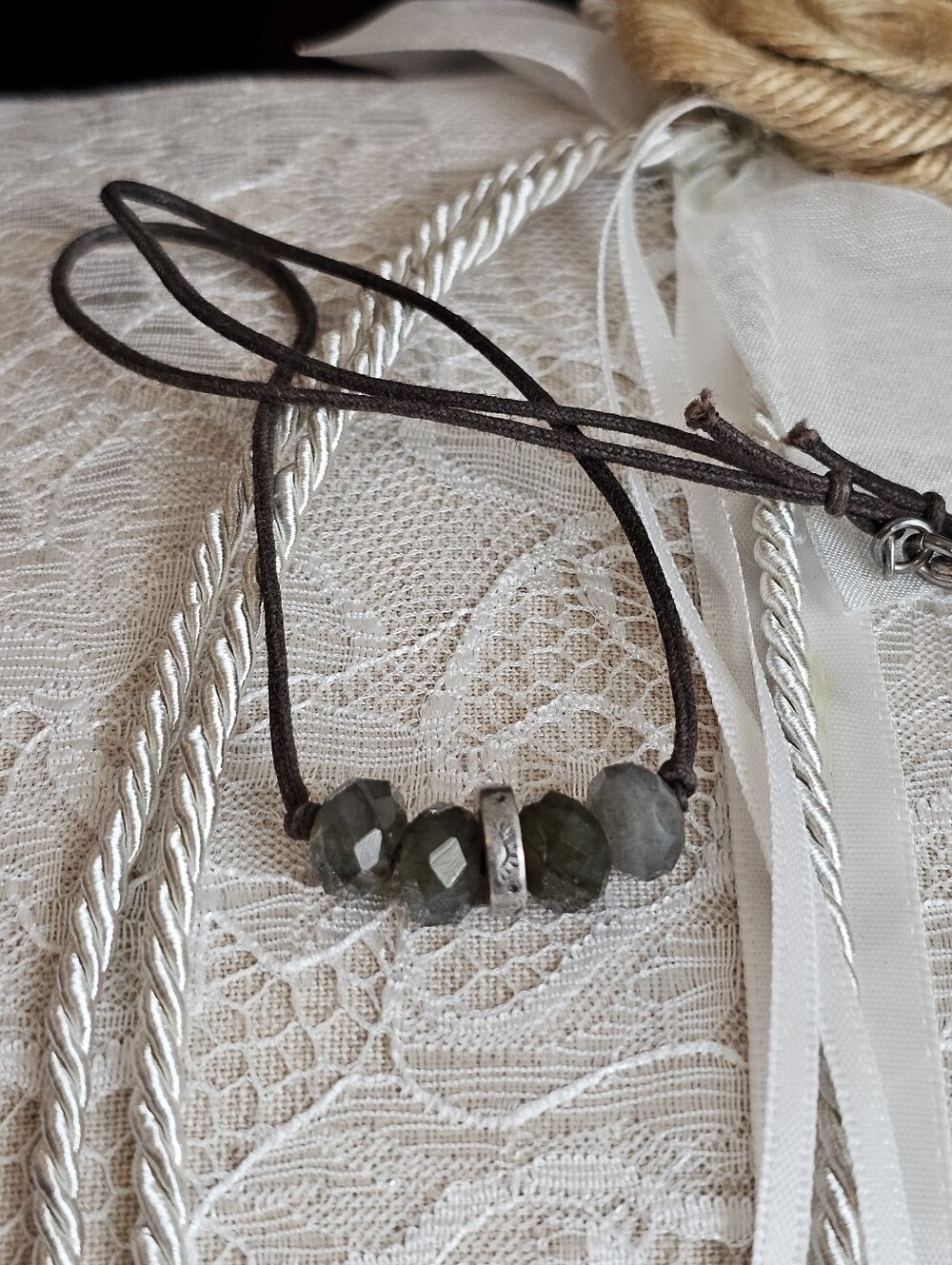 Peyote Bird Labradorite and Quartz Bead Leather Necklace - Picture 7 of 14
